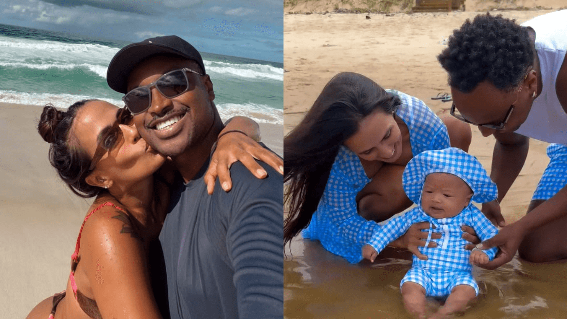 Thiaguinho e Carol Peixinho levam o filho para conhecer o mar