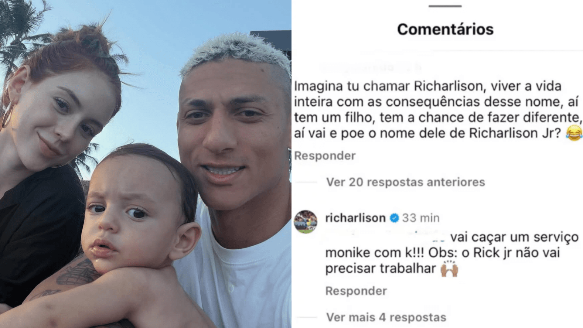 Richarlison rebate internauta que criticou nome de seu filho