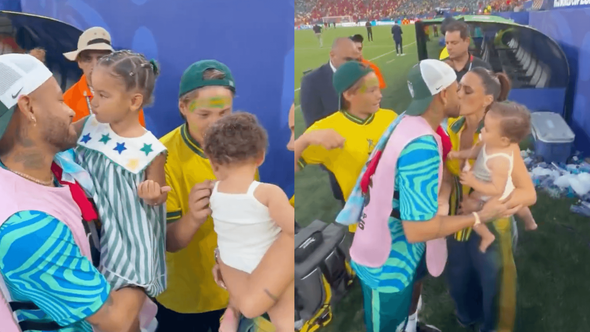 Neymar reencontra Bruna Biancardi e os filhos após jogo do Brasil