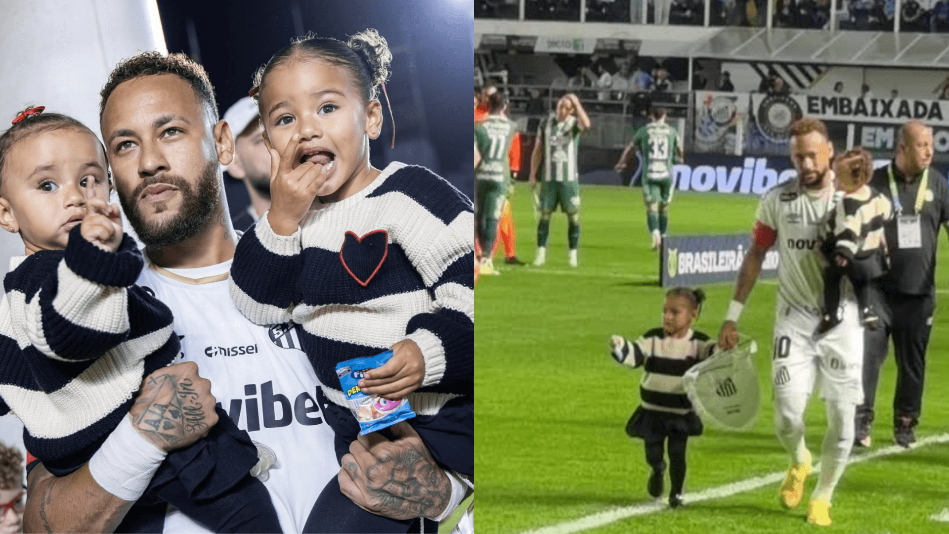 Mavie e Mel roubam a cena ao entrarem em campo com Neymar no retorno ao Santos após a Copa do Mundo