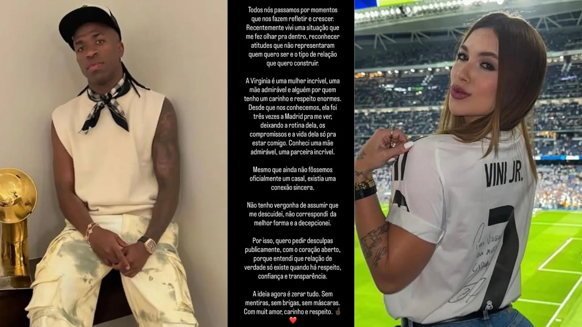 Vini Jr. pede desculpas públicas a Virginia e fala em recomeço “sem mentiras, sem máscaras”