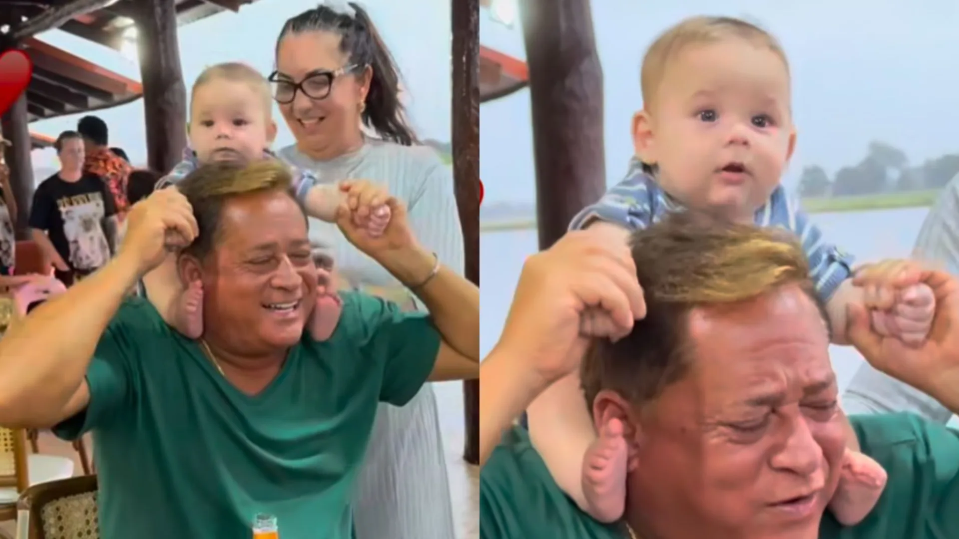 Leonardo se diverte ao tentar ensinar José Leonardo a andar na areia