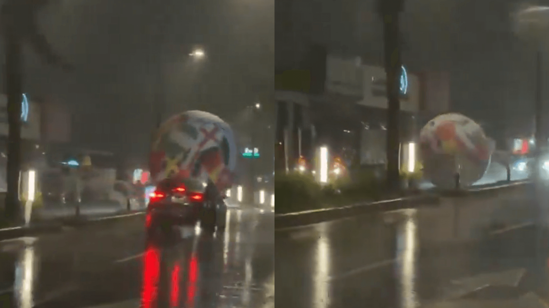 Bola gigante de divulgação da Copa do Mundo se desprende durante tempestade e passa por cima de carros