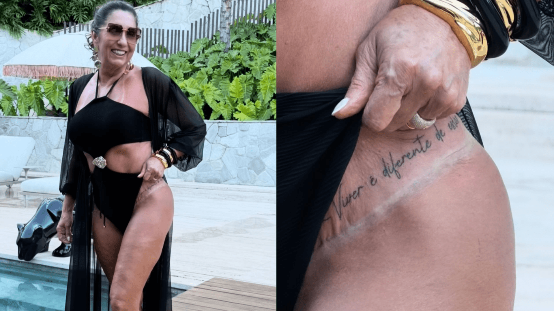 Margareth Serrão, mãe de Virginia, posa de biquíni e exibe tatuagem no quadril: “Viver é diferente de estar vivo”