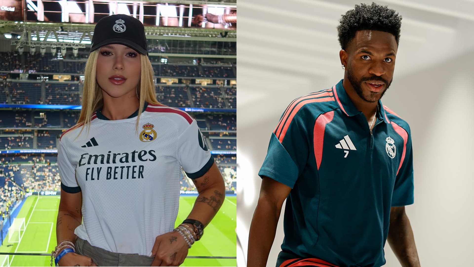 Virginia marca presença em jogo do Real Madrid após críticas da torcida por rotina com Vini Jr.